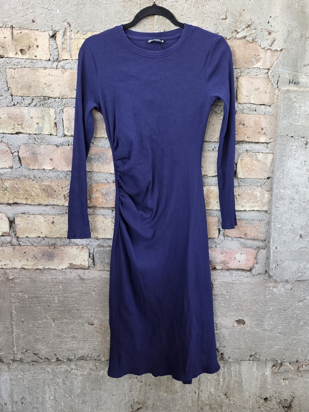 ​ZARA Ribbed Ruched Long Sleeve Midi Bodycon Dress Navy Blue L